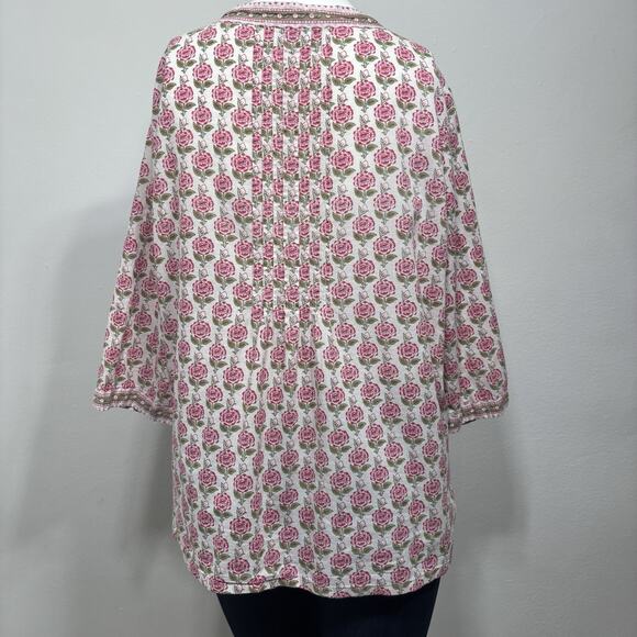 Ella Simone Pink Floral Button Up Top Medium Pleated Tunic Boho Girly Cottage - Picture 2 of 8